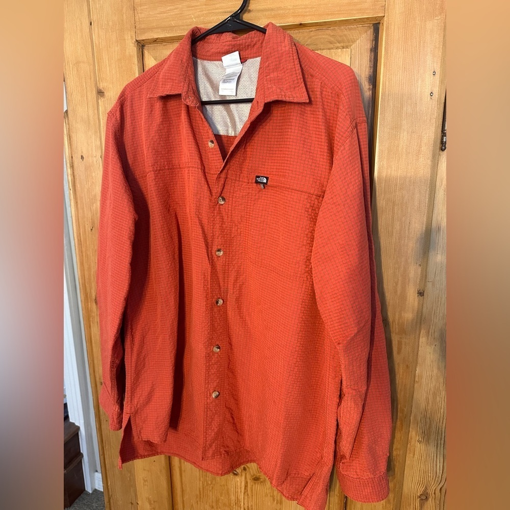 The North Face Button Down W/Zip Pocket Orange/Blue Check Sz Large Hunter Preppy